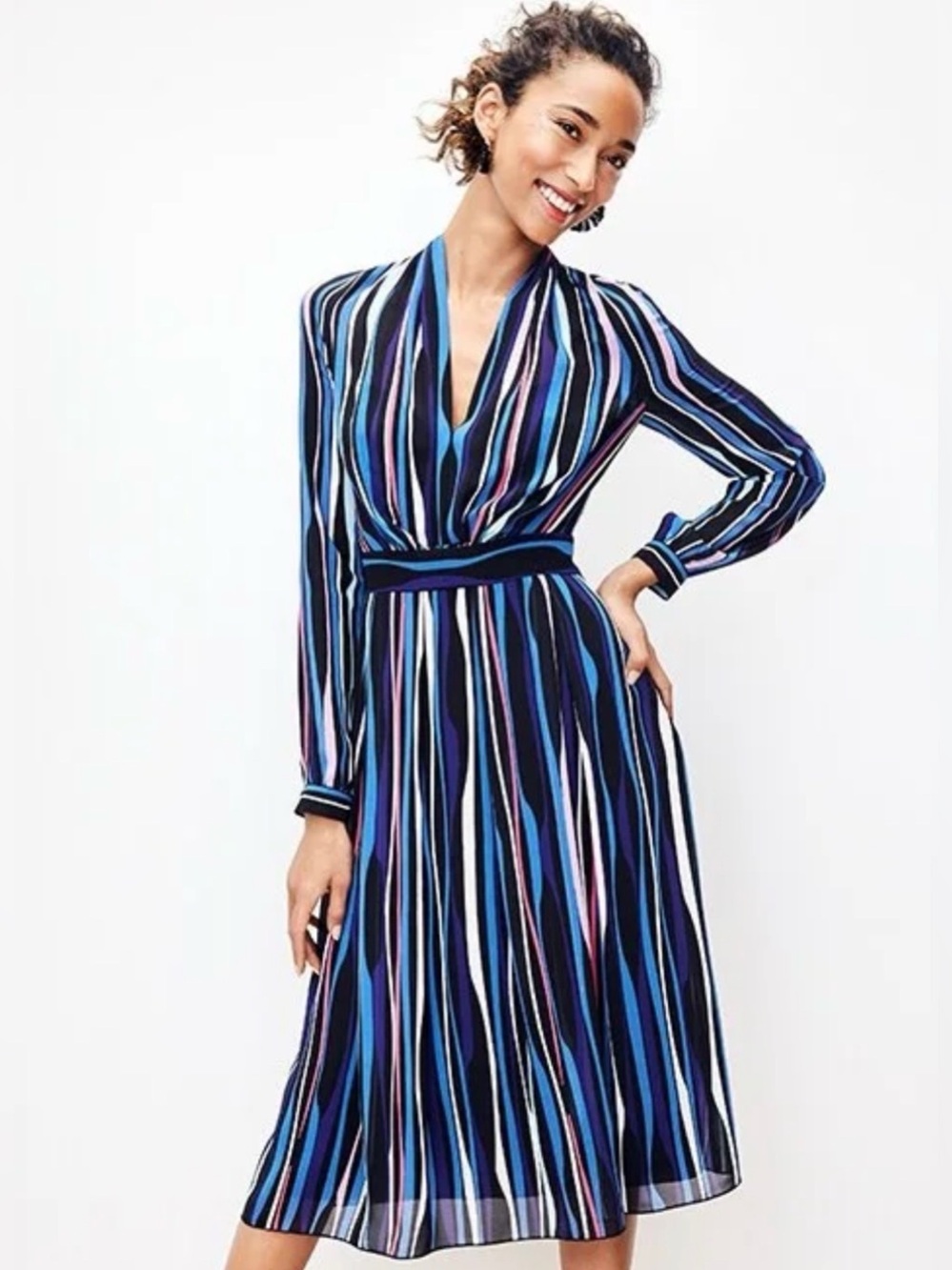 Anne Klein Multi-Stripe V-Neck Long Sleeve Midi Dress